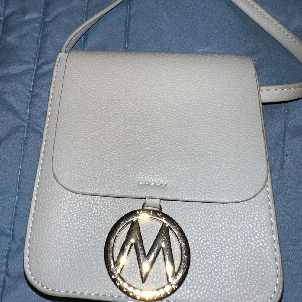 Light Gray Crossbody Bag with Gold Accent